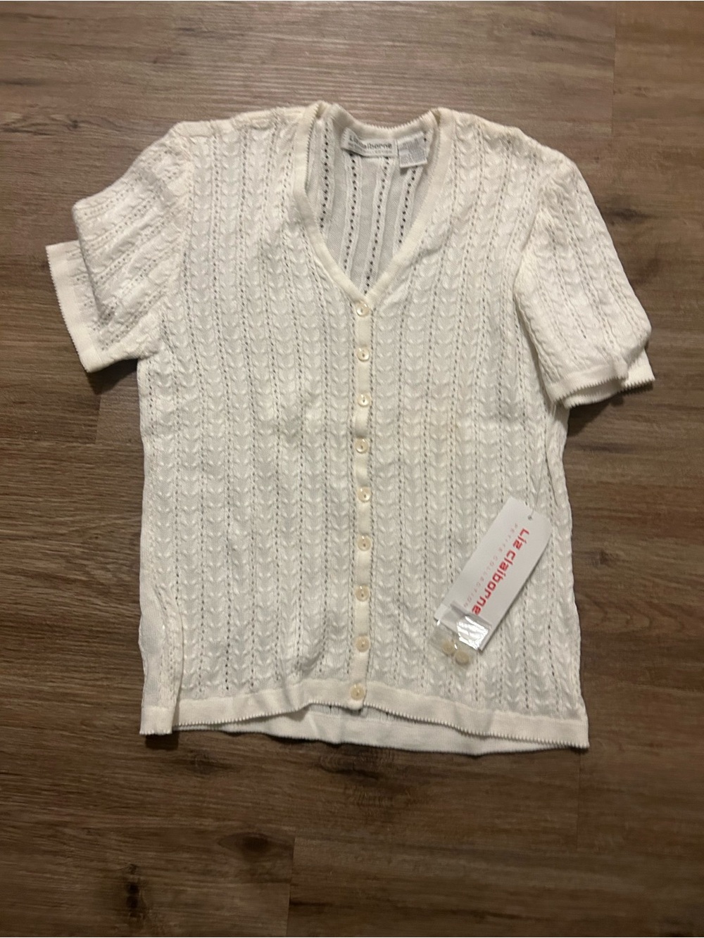 Liz Claiborne White Short Sleeve Button Front Knit Top